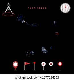 Dotted map of Cape Verde painted in the colors of the national flag of Cape Verde. Waving flag effect. Map tools, set of cartographic icons. Vector illustration