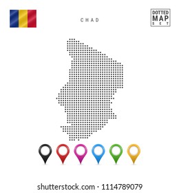 Dotted Map of Chad. Simple Silhouette of Chad. The National Flag of Chad. Set of Multicolored Map Markers. Vector Illustration Isolated on White Background.