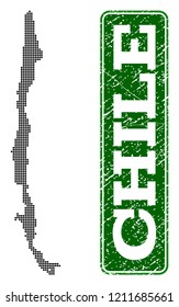 Dotted map of Chile and grunge caption. Vector green title inside rounded rectangle and grunge rubber texture. Pixelated map of Chile constructed with black pattern of round dots.