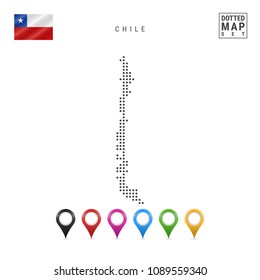 Dotted Map of Chile. Simple Silhouette of Chile. The National Flag of Chile. Set of Multicolored Map Markers. Vector Illustration Isolated on White Background.