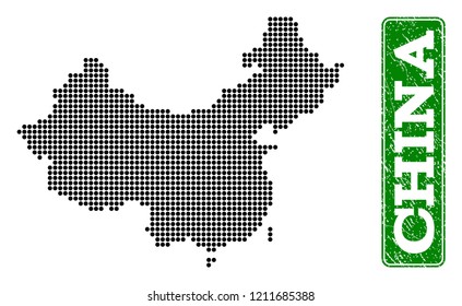 Dotted map of China and rubber caption. Vector green title inside rounded rectangle and grunge rubber texture. Pixelated map of China constructed with black pattern of round dots.