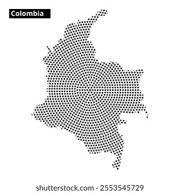 A dotted map of Colombia showcases the country's distinctive outline and borders, illustrating its geographic features and layout.