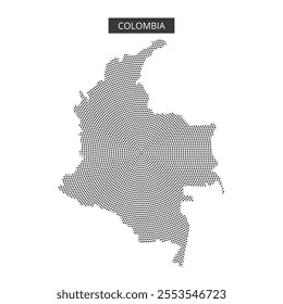 A dotted map of Colombia showcases the country's distinctive outline and borders, illustrating its geographic features and layout.