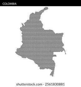 A dotted map of Colombia showcases the country's distinctive outline and borders, illustrating its geographic features and layout.