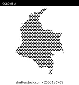 A dotted map of Colombia showcases the country's distinctive outline and borders, illustrating its geographic features and layout.