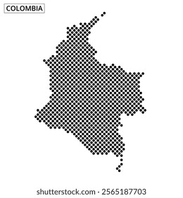 A dotted map of Colombia showcases the country's distinctive outline and borders, illustrating its geographic features and layout.