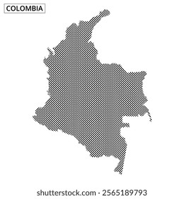 A dotted map of Colombia showcases the country's distinctive outline and borders, illustrating its geographic features and layout.