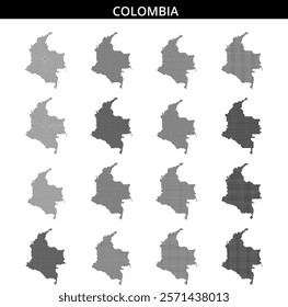 A dotted map of Colombia showcases the country's distinctive outline and borders, illustrating its geographic features and layout.