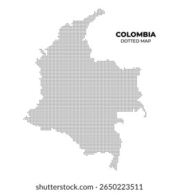 A dotted map of Colombia, showcasing the country's outline in a minimalist style. The map is filled with small black dots on a white background, emphasizing the geographical shape.