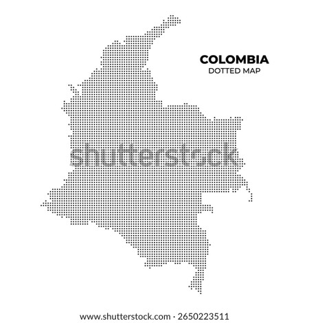 A dotted map of Colombia, showcasing the country's outline in a minimalist style. The map is filled with small black dots on a white background, emphasizing the geographical shape.