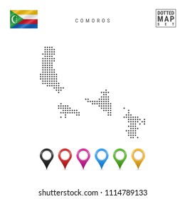 Dotted Map of Comoros. Simple Silhouette of Comoros. The National Flag of Comoros. Set of Multicolored Map Markers. Vector Illustration Isolated on White Background.