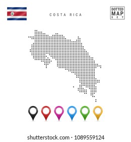 Dotted Map of Costa Rica. Simple Silhouette of Costa Rica. The National Flag of Costa Rica. Set of Multicolored Map Markers. Vector Illustration Isolated on White Background.