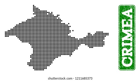 Dotted map of Crimea and unclean caption. Vector green title inside rounded rectangle and unclean rubber texture. Pixelated map of Crimea designed with black pattern of round dots.