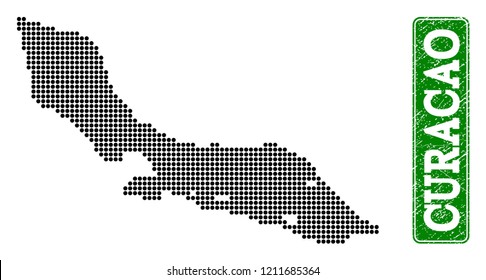 Dotted map of Curacao Island and rubber caption. Vector green title inside rounded rectangle and retro rubber texture. Pixelated map of Curacao Island designed with black pattern of round dots.