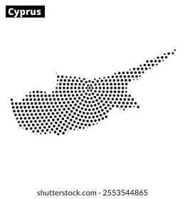 A dotted map of Cyprus is showcased on a white background, emphasizing the island's shape in a unique artistic style.