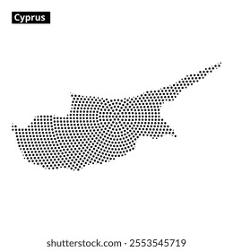 A dotted map of Cyprus is showcased on a white background, emphasizing the island's shape in a unique artistic style.