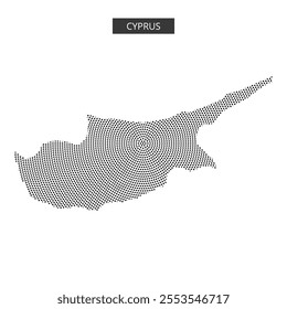 A dotted map of Cyprus is showcased on a white background, emphasizing the island's shape in a unique artistic style.