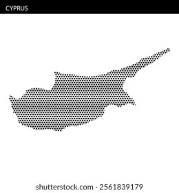 A dotted map of Cyprus is showcased on a white background, emphasizing the island's shape in a unique artistic style.