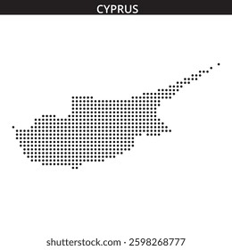 A dotted map of Cyprus is showcased on a white background, emphasizing the island's shape in a unique artistic style.