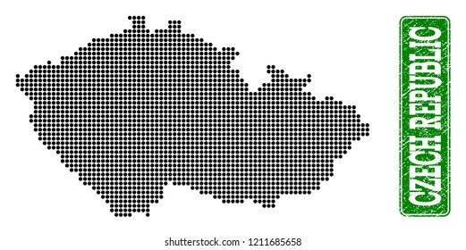 Dotted map of Czech Republic and grunge caption. Vector green title inside rounded rectangle and grunge rubber texture. Pixelated map of Czech Republic constructed with black pattern of round dots.