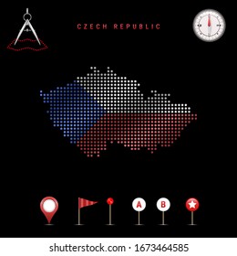 Dotted map of Czech Republic painted in the colors of the national flag of Czech Republic. Waving flag effect. Map tools, set of cartographic icons. Vector illustration