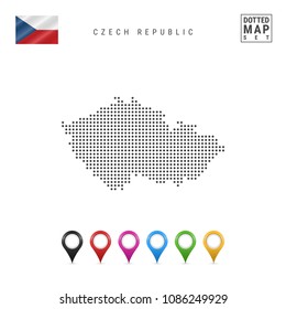 Dotted Map of Czech Republic. Simple Silhouette of Czech Republic. The National Flag of Czech Republic. Set of Multicolored Map Markers. Vector Illustration Isolated on White Background.