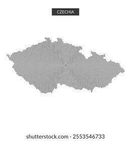 A dotted map of Czechia showcases its borders and geographical features in an artistic rendering.