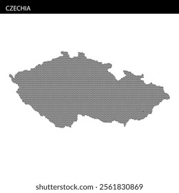 A dotted map of Czechia showcases its borders and geographical features in an artistic rendering.