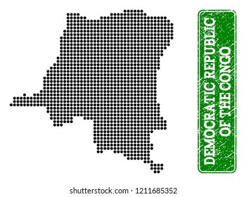 Dotted map of Democratic Republic of the Congo and corroded caption. Vector green title inside rounded rectangle and corroded rubber texture.