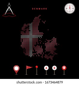 Dotted map of Denmark painted in the colors of the national flag of Denmark. Waving flag effect. Map tools, set of cartographic icons. Vector illustration