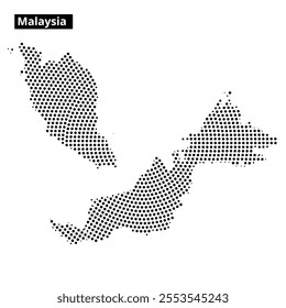 A dotted map displays the geographic outline of Malaysia, illustrating its two main regions and surrounding areas in a minimalist style.