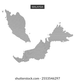 A dotted map displays the geographic outline of Malaysia, illustrating its two main regions and surrounding areas in a minimalist style.