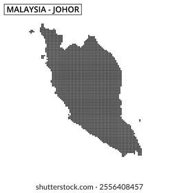 A dotted map displays the geographic outline of Malaysia, illustrating its two main regions and surrounding areas in a minimalist style.