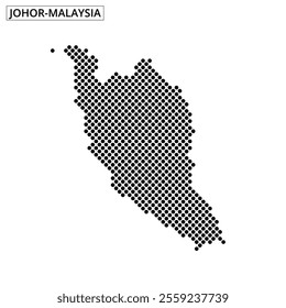 A dotted map displays the geographic outline of Malaysia, illustrating its two main regions and surrounding areas in a minimalist style.