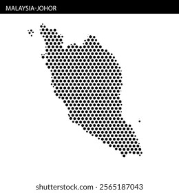 A dotted map displays the geographic outline of Malaysia, illustrating its two main regions and surrounding areas in a minimalist style.