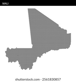 A dotted map displays the outline of Mali, highlighting its geographical shape and notable regions.