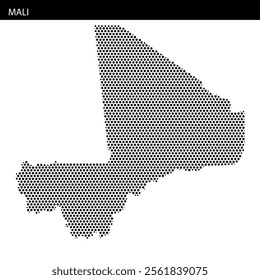 A dotted map displays the outline of Mali, highlighting its geographical shape and notable regions.