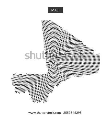 A dotted map displays the outline of Mali, highlighting its geographical shape and notable regions.
