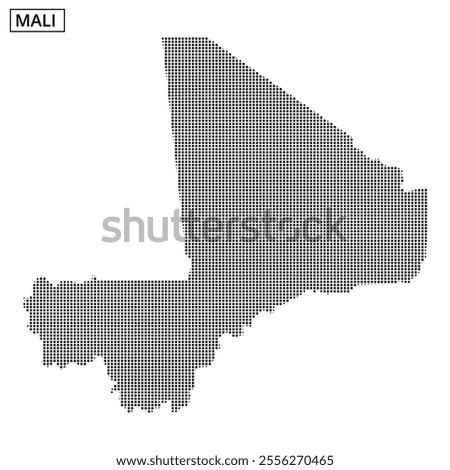 A dotted map displays the outline of Mali, highlighting its geographical shape and notable regions.