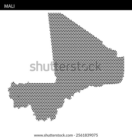 A dotted map displays the outline of Mali, highlighting its geographical shape and notable regions.