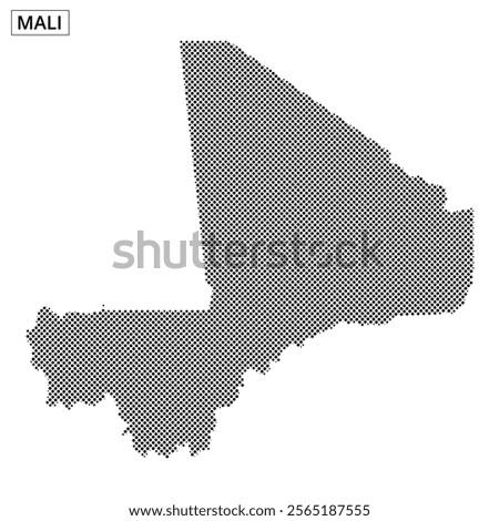A dotted map displays the outline of Mali, highlighting its geographical shape and notable regions.