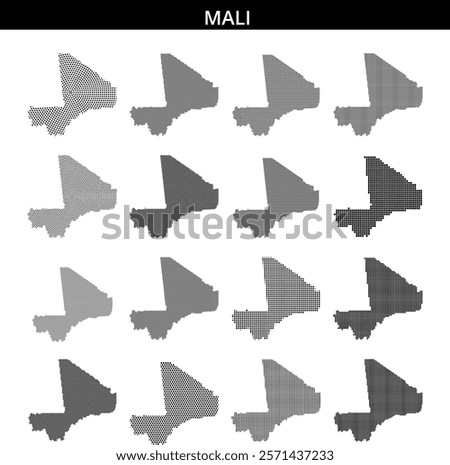 A dotted map displays the outline of Mali, highlighting its geographical shape and notable regions.
