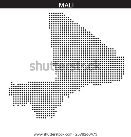 A dotted map displays the outline of Mali, highlighting its geographical shape and notable regions.