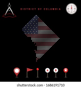 Dotted map of District of Columbia painted in the colors of the national flag of the United States. Waving flag effect. Map tools, set of cartographic icons. Vector illustration