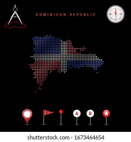 Dotted map of Dominican Republic painted in the colors of the national flag of Dominican Republic. Waving flag effect. Map tools, set of cartographic icons. Vector illustration