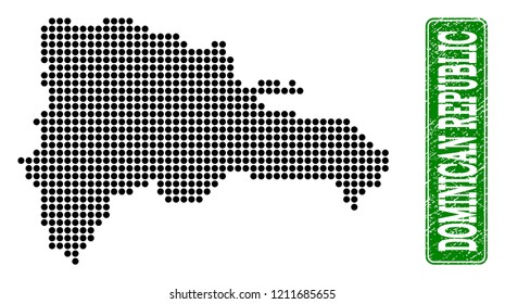 Dotted map of Dominican Republic and rubber caption. Vector green title inside rounded rectangle and scratched rubber texture.