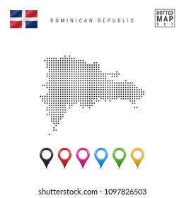 Dotted Map of Dominican Republic. Simple Silhouette of Dominican Republic. The National Flag of Dominican Republic. Set of Multicolored Map Markers. Vector Illustration Isolated on White Background.