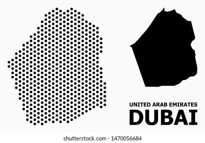 Dotted map of Dubai Emirate composition and solid illustration. Vector map of Dubai Emirate composition of sphere dots with hexagonal geometric pattern on a white background.