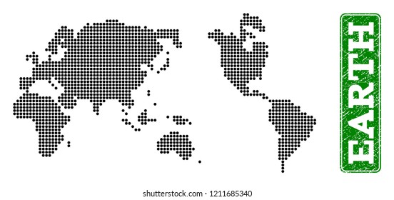 Dotted map of Earth and scratched caption. Vector green title inside rounded rectangle and scratched rubber texture. Pixelated map of Earth designed with black pattern of round dots.