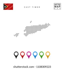 Dotted Map of East Timor. Simple Silhouette of East Timor. The National Flag of East Timor. Set of Multicolored Map Markers. Vector Illustration Isolated on White Background.